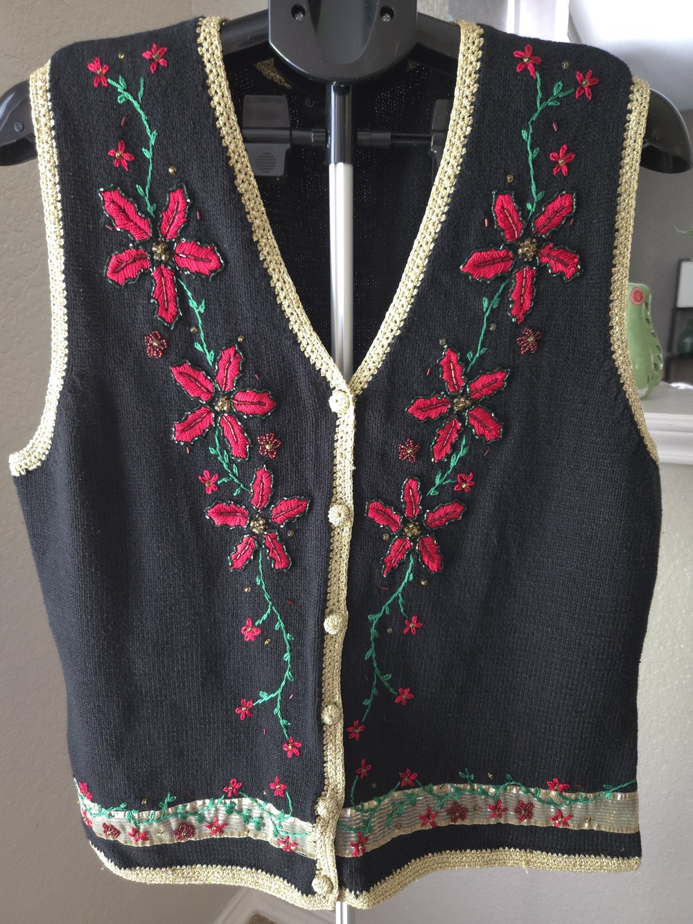 Black Embroidered Floral V-Neck Christmas , Sweater Vest with Gold Trim